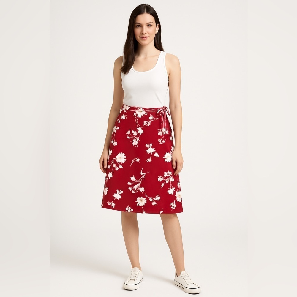 VTG Y2K White Stag Red Floral Wrap Skirt Women’s 12 – Hawaiian Cotton Midi